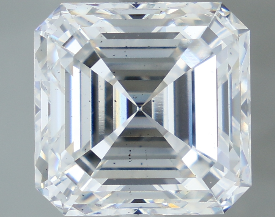 7.84-carat asscher diamond with E color, null cut, and SI1 clarity.