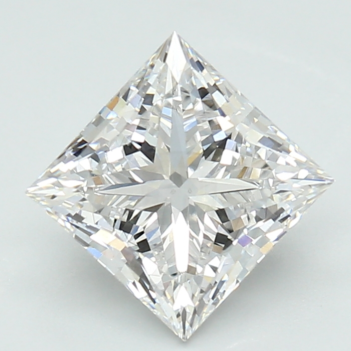 2.01-carat princess diamond with E color, null cut, and VS2 clarity.