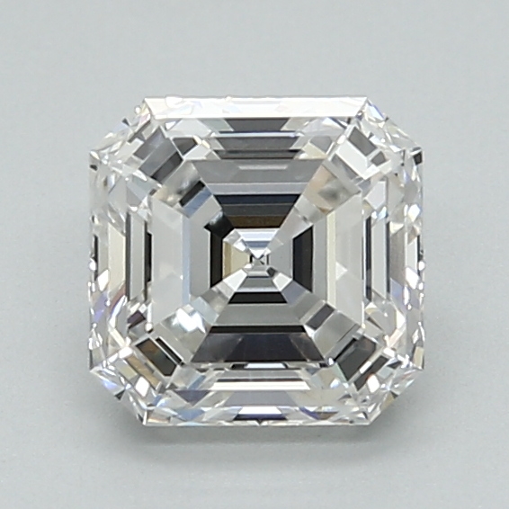 1.35-carat asscher diamond with F color, null cut, and VVS2 clarity.