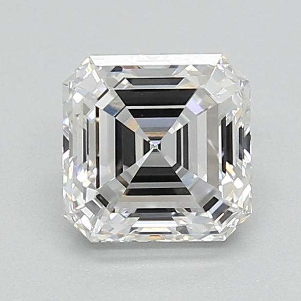 1.04-carat asscher diamond with E color, null cut, and VVS2 clarity.