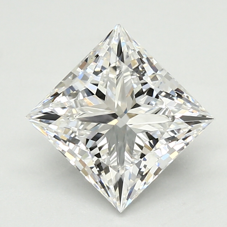 1.76-carat princess diamond with E color, null cut, and VVS2 clarity.